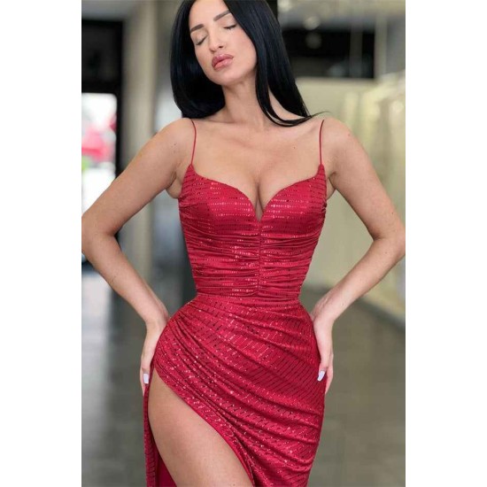 Gorgeous Burgundy SPAGHETTI-STRAPS High split Long Mermaid Prom Dress