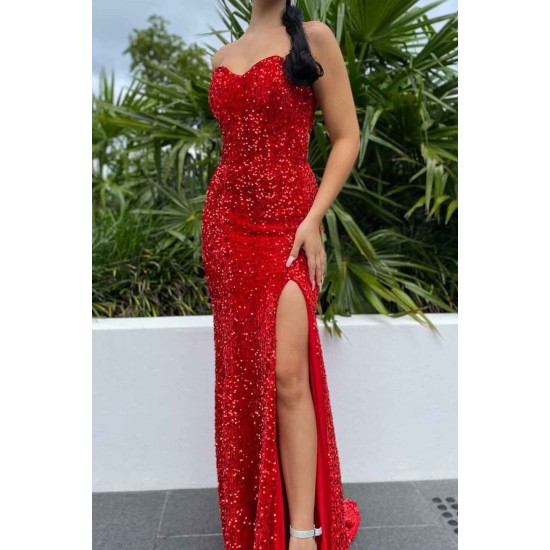 Burgundy Sweetheart Mermaid Sequin Prom Dress with high split