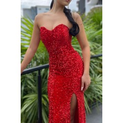 Burgundy Sweetheart Mermaid Sequin Prom Dress with high split