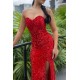 Burgundy Sweetheart Mermaid Sequin Prom Dress with high split