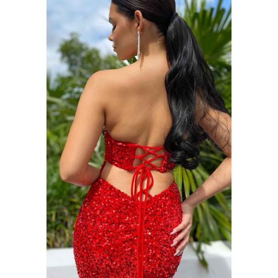 Burgundy Sweetheart Mermaid Sequin Prom Dress with high split