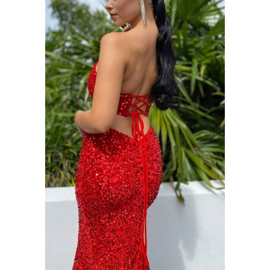 Burgundy Sweetheart Mermaid Sequin Prom Dress with high split