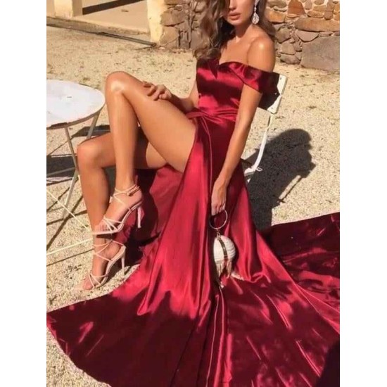 Sheath Off-the Shoulder Chapel Length Charmeuse Evening Dress