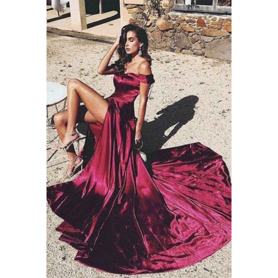 Sheath Off-the Shoulder Chapel Length Charmeuse Evening Dress