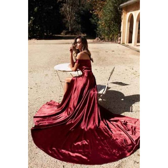 Sheath Off-the Shoulder Chapel Length Charmeuse Evening Dress