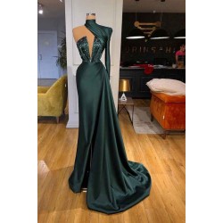 Glamorous High Neck One Shoulder Long Sleeve Mermaid Evening Gowns With Crystals