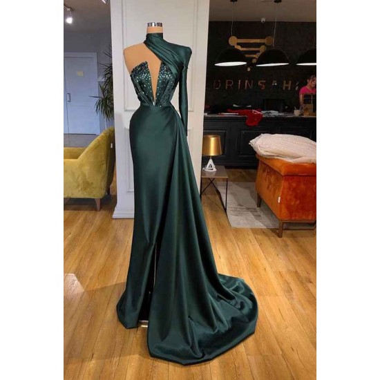 Glamorous High Neck One Shoulder Long Sleeve Mermaid Evening Gowns With Crystals
