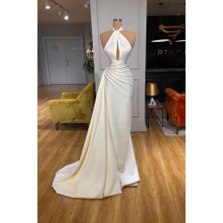 Ivory Halter Long Evening Prom Dress With Split Detachable Train