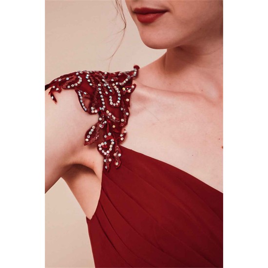 Burgundy Beaded Cap sleeves Chiffon Column Evening Dress