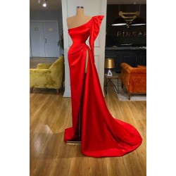Bubble Sleeve One-shoulder Red High-split Long Evening Dress