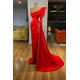 Bubble Sleeve One-shoulder Red High-split Long Evening Dress