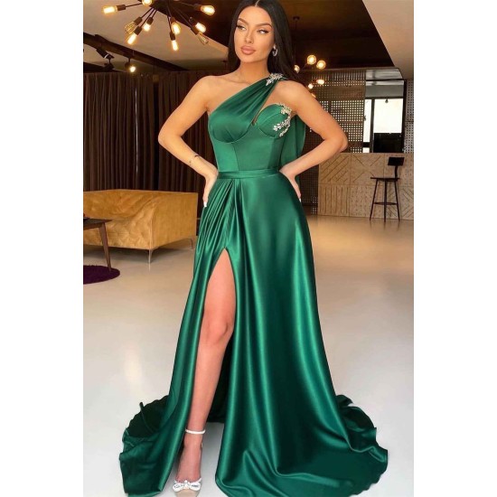 Emerald Green One Shoulder Evening Dress Long With Split Beads