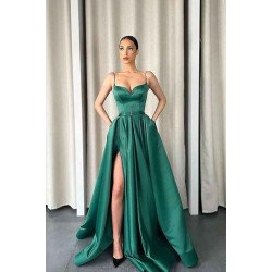 Dark Green Spaghetti-Strapes Slit Evening Dress Long With Pockets