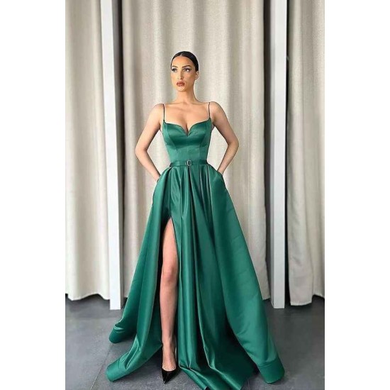 Dark Green Spaghetti-Strapes Slit Evening Dress Long With Pockets