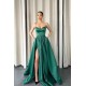 Dark Green Spaghetti-Strapes Slit Evening Dress Long With Pockets