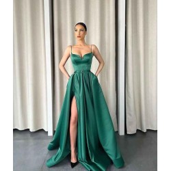 Dark Green Spaghetti-Strapes Slit Evening Dress Long With Pockets