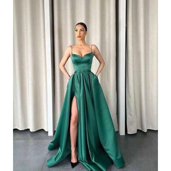 Dark Green Spaghetti-Strapes Slit Evening Dress Long With Pockets