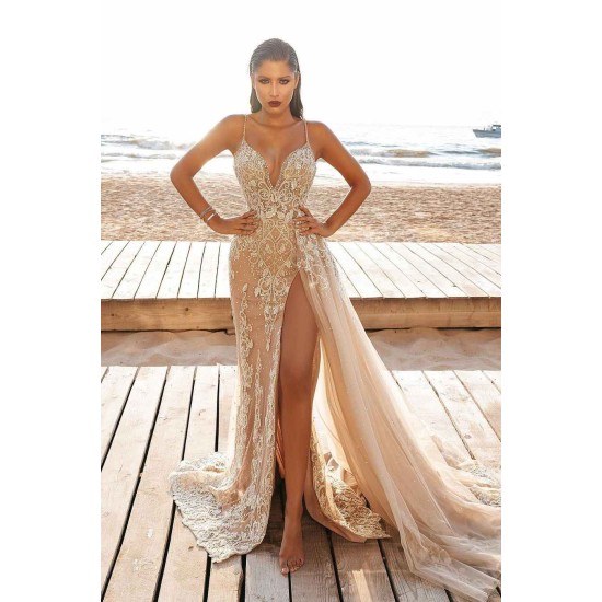 Sexy Spaghetti-Straps Mermaid Lace Evening Gowns With Slit