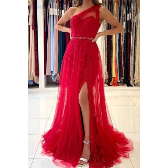 Red One Shoulder Tulle Prom Dress Long Mermaid Appliques Evening Gown With SPlit