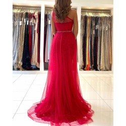Red One Shoulder Tulle Prom Dress Long Mermaid Appliques Evening Gown With SPlit