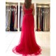 Red One Shoulder Tulle Prom Dress Long Mermaid Appliques Evening Gown With SPlit