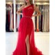 Red One Shoulder Tulle Prom Dress Long Mermaid Appliques Evening Gown With SPlit