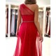 Red One Shoulder Tulle Prom Dress Long Mermaid Appliques Evening Gown With SPlit
