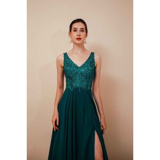 Dark Green V-neck Open-back Sleeveless Lace Evening Dress