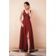 Rust A-line Chiffon V-neck Open-back Prom Dress