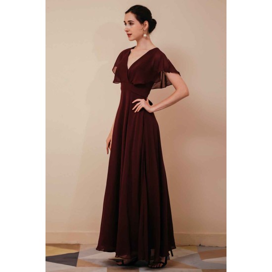 Elegant Rust Cool-shoulder V-neck Chiffon Evening Dress