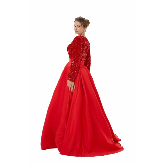 Elegant Long sleeve Deep V-neck Dark green Evening Dress | Ballbella Real Shooting