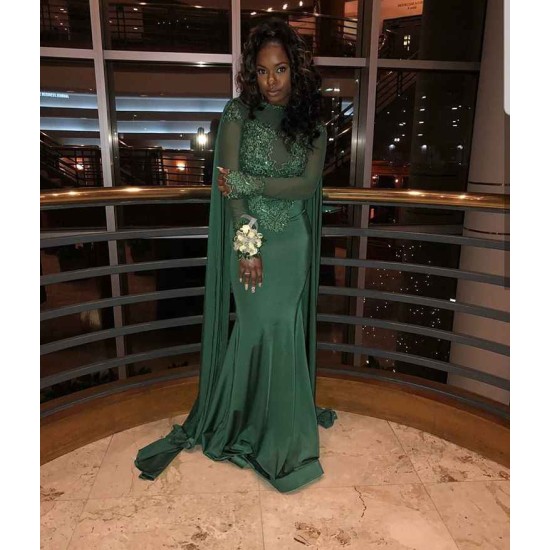 Mermaid Small Round Collar Long Sleeves Floor Length Beaded Applique Prom Dress With Cloak