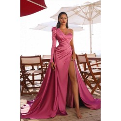 One Shoulder Satin Front Split Evening Party Dresses with Sweep Train