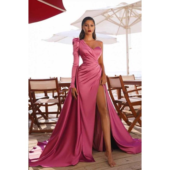 One Shoulder Satin Front Split Evening Party Dresses with Sweep Train