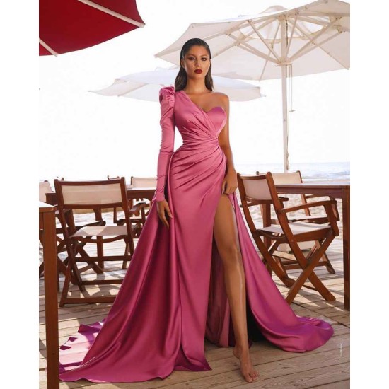 One Shoulder Satin Front Split Evening Party Dresses with Sweep Train