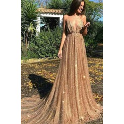 Gorgeous Sequins A-Line Long Prom Gowns New Arrival Spaghetti Straps V-Neck Evening Dress