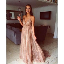 Gorgeous Sequins A-Line Long Prom Gowns New Arrival Spaghetti Straps V-Neck Evening Dress