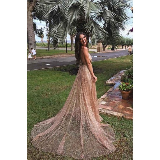 Gorgeous Sequins A-Line Long Prom Gowns New Arrival Spaghetti Straps V-Neck Evening Dress