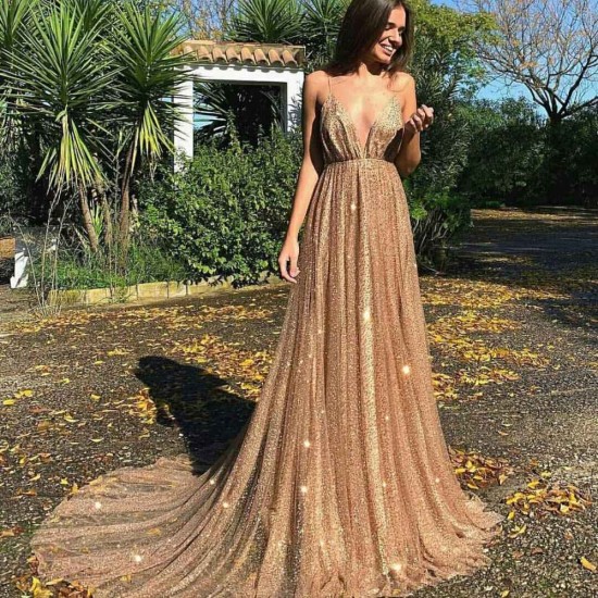 Gorgeous Sequins A-Line Long Prom Gowns New Arrival Spaghetti Straps V-Neck Evening Dress