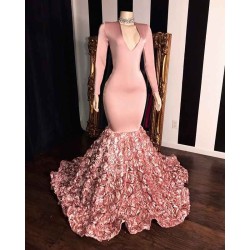 Elegant Pink Long Sleevess Flowers Mermaid Prom Gowns V-Neck Evening Dress