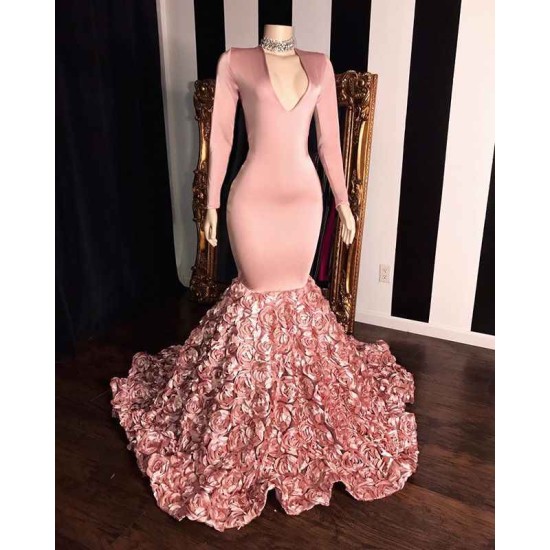 Elegant Pink Long Sleevess Flowers Mermaid Prom Gowns V-Neck Evening Dress