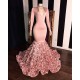 Elegant Pink Long Sleevess Flowers Mermaid Prom Gowns V-Neck Evening Dress