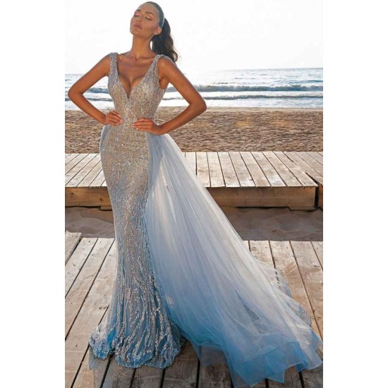 Elegant V-Neck Slim Prom Party Gowns with Detachable Train Mermaid Evening Dress