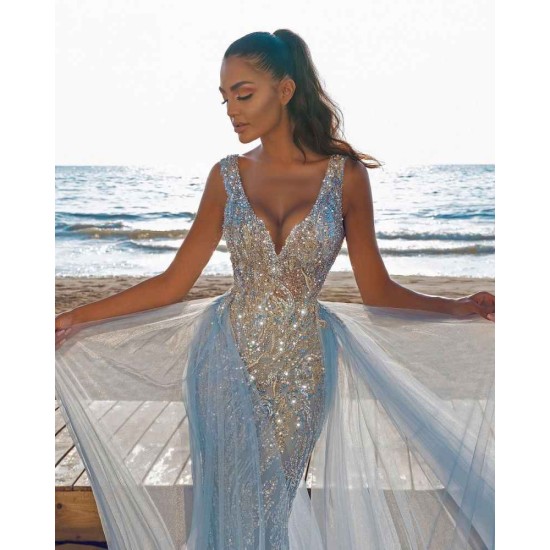 Elegant V-Neck Slim Prom Party Gowns with Detachable Train Mermaid Evening Dress