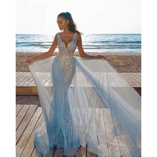 Elegant V-Neck Slim Prom Party Gowns with Detachable Train Mermaid Evening Dress
