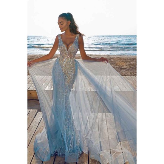 Elegant V-Neck Slim Prom Party Gowns with Detachable Train Mermaid Evening Dress