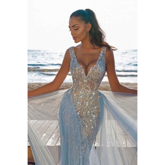 Elegant V-Neck Slim Prom Party Gowns with Detachable Train Mermaid Evening Dress