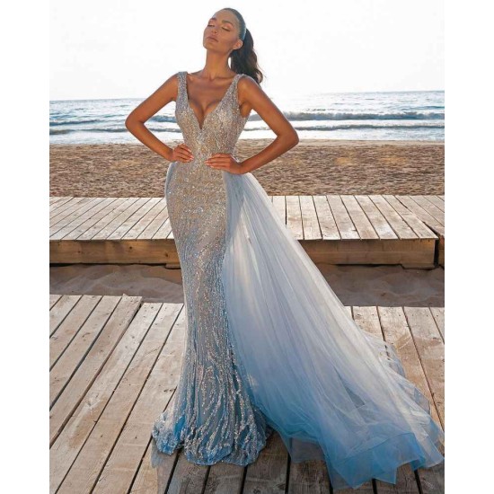 Elegant V-Neck Slim Prom Party Gowns with Detachable Train Mermaid Evening Dress