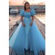 Sky Blue Princess Mermaid Evening Gowns with Sweep Train Short Sleeve Party Gowns