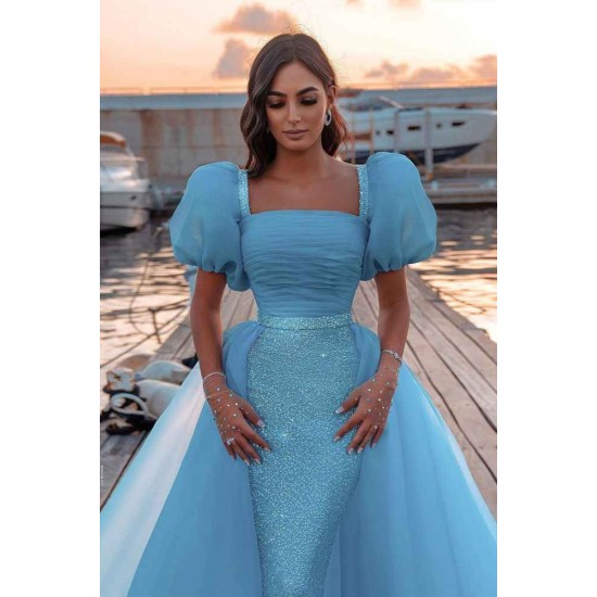 Sky Blue Princess Mermaid Evening Gowns with Sweep Train Short Sleeve Party Gowns